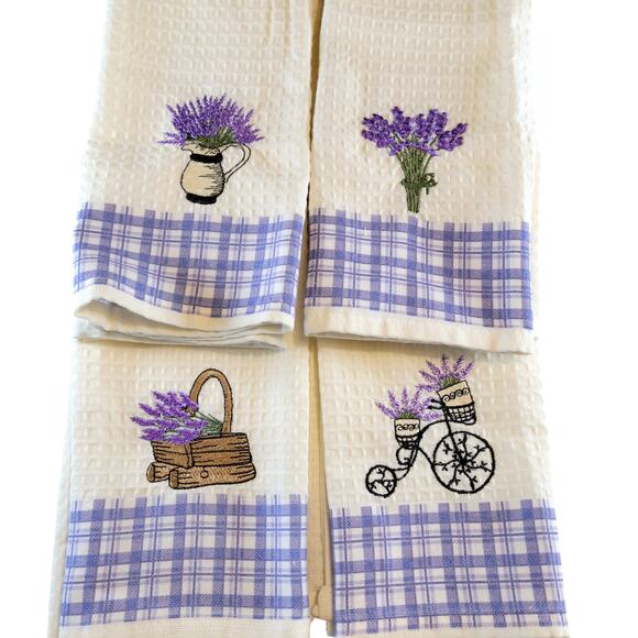 4 Lavender Kitchen Towels Lavien Embroidered Waffle Cotton Blend  Purple Plaid - Picture 1 of 9